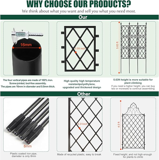 WellSign Garden Trellis for Climbing Plants Outdoor 5.25 FT, Iron Pipe Metal Support Wall Tall Plant Trellis Lattice Fence Plant Support with Garden Twist Tie for Ivy Vines Rose