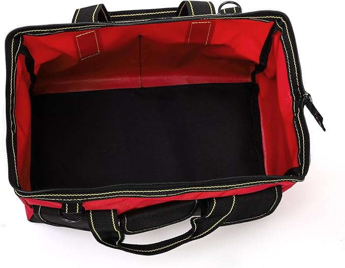 Hiceeden 16 Inch Wide Mouth Tool Bag, Collapsible Tool Tote with Waterproof Coating and Adjustable Strap, Portable Electrician Tool Organizer Handbag with 5 Outside Pockets, Red