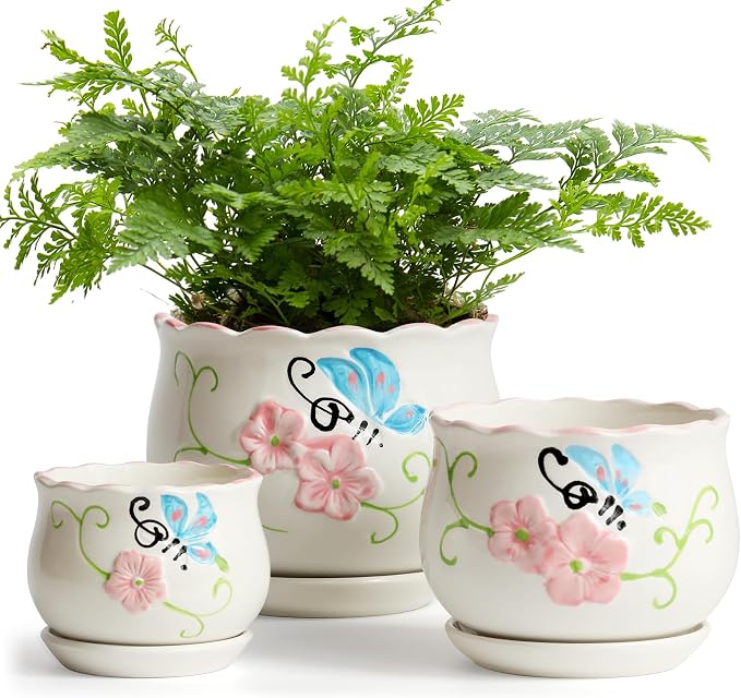 STHIE Ceramic Plant Pots with Drainage Holes and Saucers, Round Flower Pots for Indoor Plant, 4/5.2/6.6 Inches Flower Large Planters Set of 3