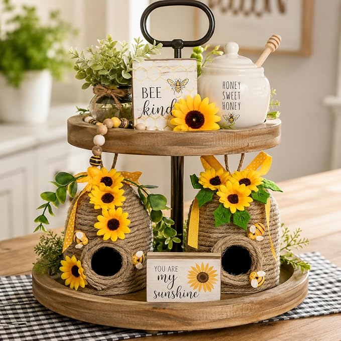 nuvagiki 2 Pack Bee Hive Decor, Farmhouse Bee Decorations with Sunflower, Rustic Bumble Bee Tiered Tray Decor for Kitchen Table, Spring Summer Home Decor