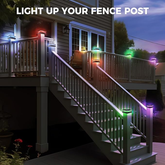 Peasur 4x4 Solar Post Cap Lights Outdoor RGB Color Changing, 4 Pack LED Post Top Light Solar Powered Waterproof, Fence Deck Lighting for Wood/Vinyl Posts for Outside Porch Yard Railing