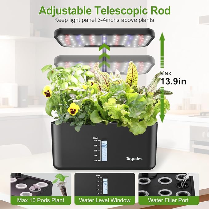 Hydroponics Growing System - 10-Pod, 24W LED & Quiet Pump for Herbs, Veggies | Indoor Herb Garden, Full-Spectrum LED Grow Lights, Plant Germination Kit, Gift for Gardening Lovers