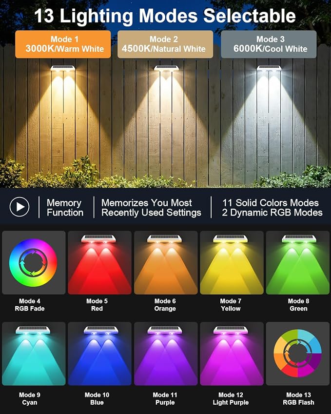 Solar Fence Lights Outdoor ,3000/4500/6000K 13 Mode, 2 Pack Fence Lights Solar Powered with Ultra-Bright Lens IP65 Waterproof,Solar Wall Light for Backyard/Step/Patio/Deck/Stair/Railings(White)