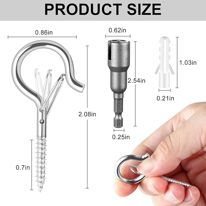 FSAH 96 PCS Q-Hanger Hooks, Screw Hooks for Outdoor String Lights, Safety Buckle Design Cup Eye Hook for Hanging Christmas Lights, Plants, Mounted on Wall Ceiling, Include 1 Wing Nut Driver, Silver