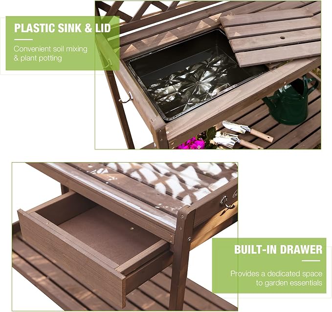 Outdoor Potting Bench, Wooden Garden Workstation Table w/Drawer, Open Shelf, Lower Storage- Extra PVC Layer