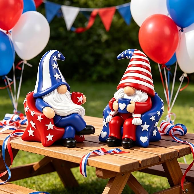 4th of July Gnome Decorations 2 PCS Resin Patriotic Figurines Indoor Collectible Gifts Cute Holiday Decor for Table Home