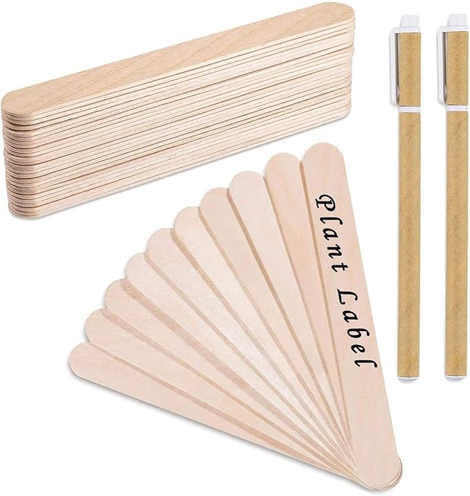 Whaline 200Pcs Wooden Plant Labels Waterproof Round Head Plant Sign Tags Birch Wood Garden Markers for Seed Potted Herbs Flowers Vegetables with 2 Gel Pen, 0.7 x 5.9 Inch