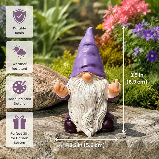 QINJIEJIE Lavender Purple Garden Gnomes Outdoor Funny Gnome 3.5in Naughty Gnomes for Fairy Garden Yard Decoration Lawn Ornament Gnome Statue for Home Decor
