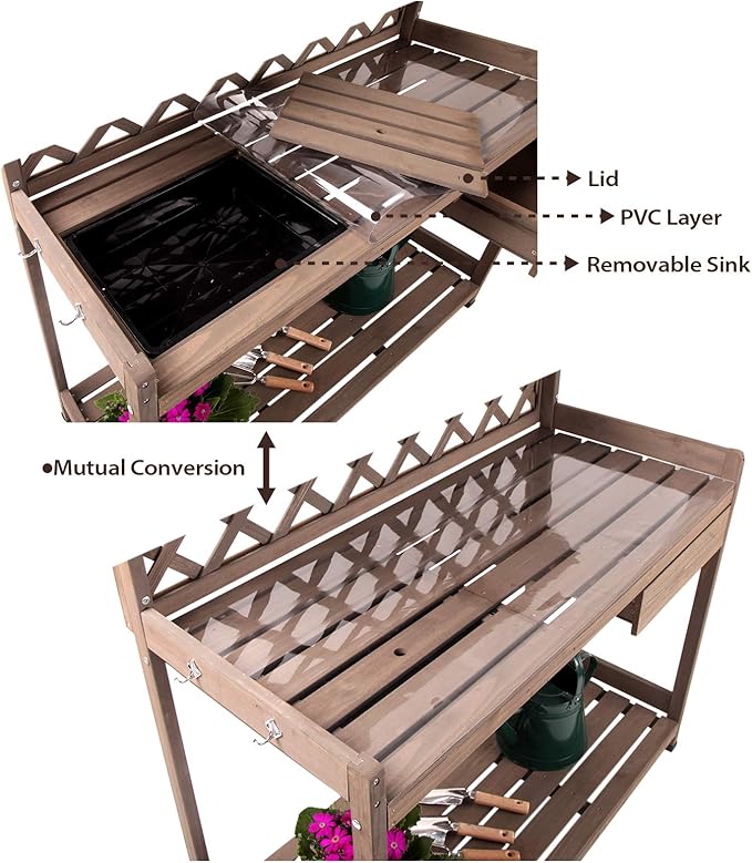GUTINNEEN Potting Bench Garden Table for Plants Outside Outdoor Wooden Garden Work Bench with Sink Storage PVC Layer Drawer Shelf Hook for Gardening
