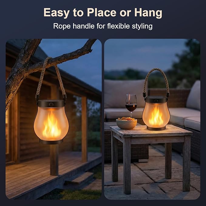 Solar Lanterns Outdoor Waterproof 4 Pack, Outdoor Solar Lanterns with Flickering Flame Effect, USB-C & Solar Charging, Auto Dusk to Dawn, Hanging Light for Garden Patio Yard