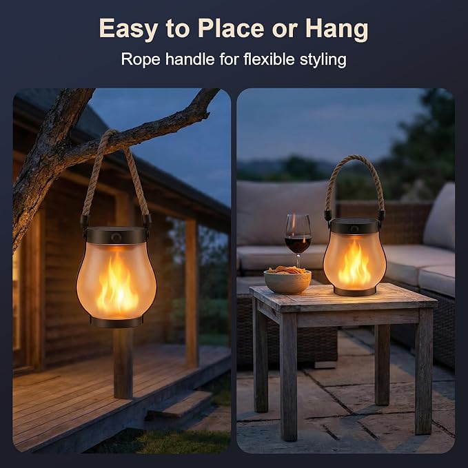 Solar Lanterns Outdoor Waterproof 6 Pack, Outdoor Solar Lanterns with Flickering Flame Effect, USB-C & Solar Charging, Auto Dusk to Dawn, Hanging Light for Garden Patio Yard
