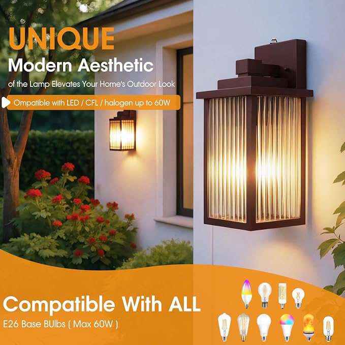 13-Inch Oil-Rubbed Bronze Outdoor Wall Light, Dusk to Dawn Exterior Light Fixture, IP65 Waterproof Rust-Resistant Metal & Textured Glass Wall Mount Sconce for Porch Garage Entryway