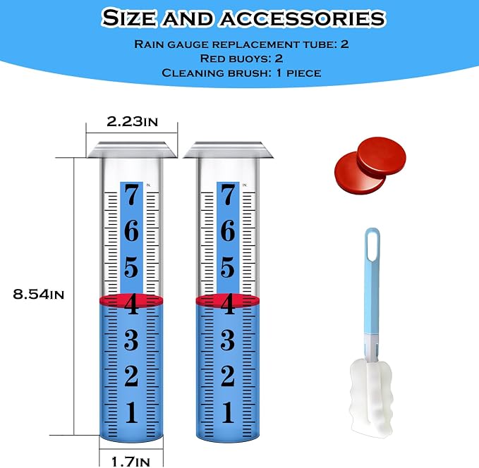 2PCS Rain Gauge Replacement Tube Plastic, Accurate Rain Gauge Outdoor, Thickened and Transparent 7" Capacity Tube with Blue Strip for Yard, 2 Rain Meter Tube with 1 Clean Brush and 2 Red Float