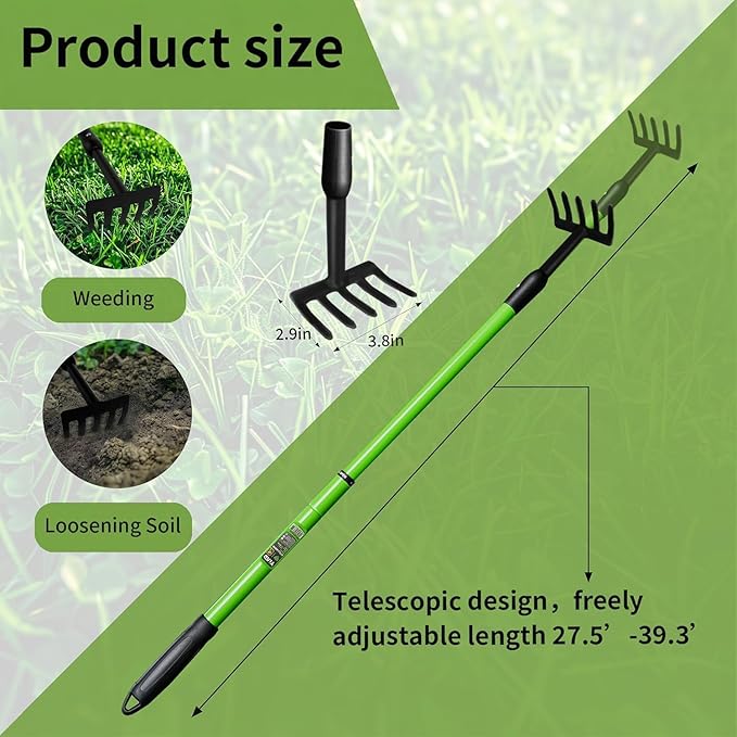 Garden Rake, Small Rake for Gardening, Telescopic Adjustable Handle 27 to 39 Inches, Mini Rake for Tight Spaces, Flower Beds, Pots, No Bending, Elderly Friendly, Non-Slip Grip,Lightweight Hand Rake