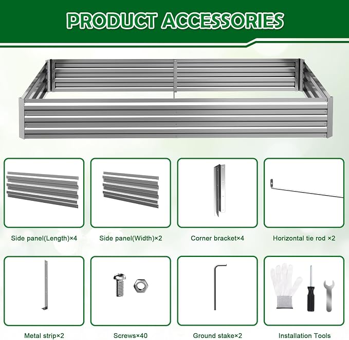 2PCS 8x4x1FT Galvanized Raised Garden Bed Outdoor Patio, Large Rectangular Metal Planter Boxes,Plant Container Kit for Gardening, Vegetables, Flowers, Herbs,Silver