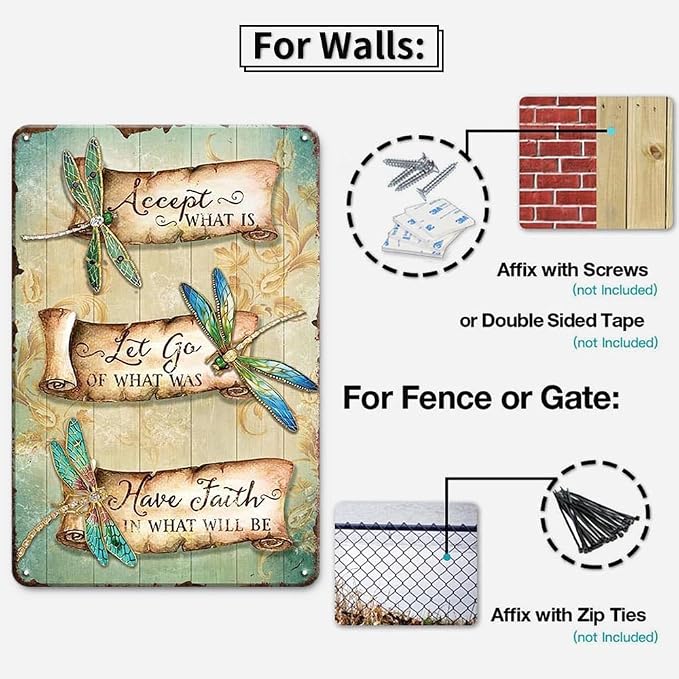 YOYI ART Metal Dragonfly Tin Sign - Accept What Is, Let Go Of What Was, Have Faith In What Will Be, Vintage Signs for Home, Bedroom, Garden, Patio and Yard Wall Decor Art, Gift for Women, 8 x 12 inch