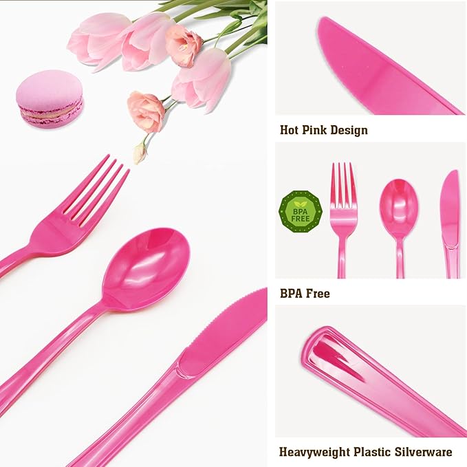 50 Pcs Hot Pink Plastic Forks, Hot Pink Plastic Silverware, Heavy Duty Plastic Cutlery Set Disposable Utensils Sets for Brithday, Wedding, Baby Shower, Bridal Shower