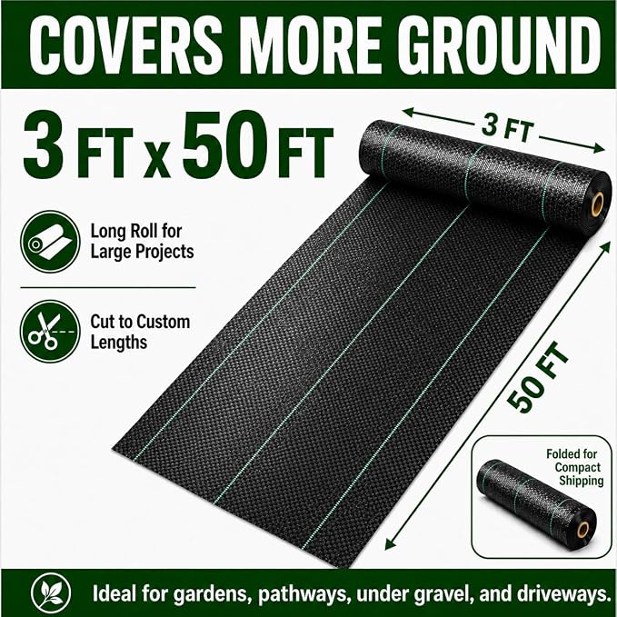 HOOPLE 3FT x 50FT Heavy-Duty Weed Barrier Fabric – Woven Landscape Fabric for Gardening, Weed Block Ground Cover Mat, Geotextile Fabric for Underlayment & Driveways