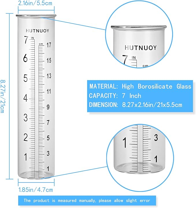 7" Capacity Rain Gauge Replacement Tube Glass for Outdoor Garden Yard Home, Lip Design, Best Rated, Easy to Read (1 Pcs)
