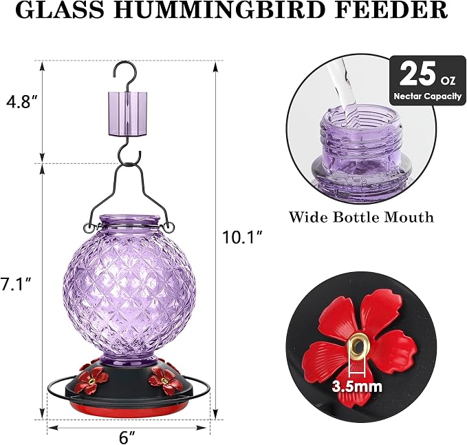 25 OZ Glass Hummingbird Feeder for Outdoors, Leak Proof Hummingbird Feeder with Ant Moat, 4 Bee Resistant Feeding Ports, Easy Clean Wide Mouth Design, 360° Perch, Purple