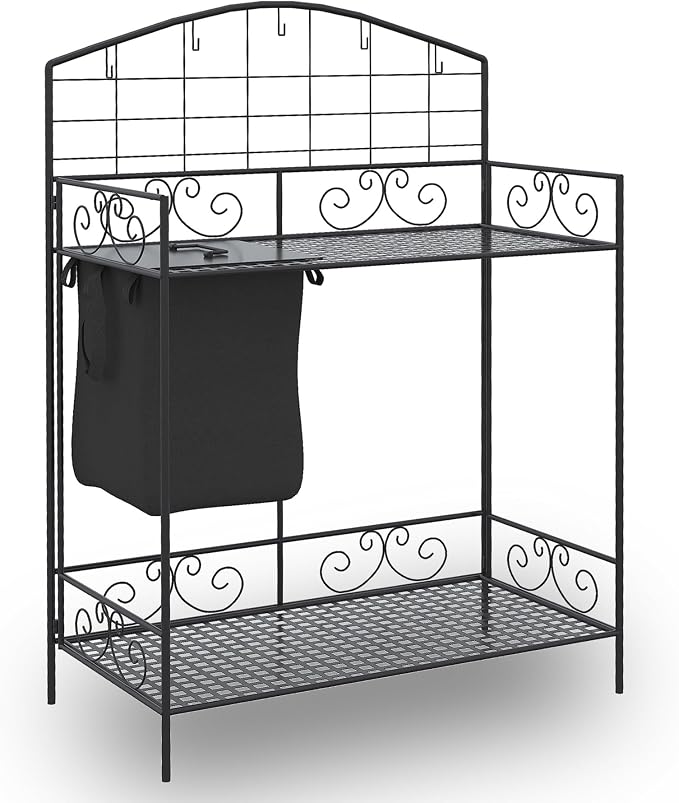 Outdoor Potting Bench Table with 2 Removable Wheels, Garden Potting Bench with Storage & Shelves Hooks, 36.25" L x 17.75" W x 46.75" H