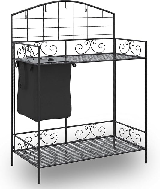 Outdoor Potting Bench Table with 2 Removable Wheels, Garden Potting Bench with Storage & Shelves Hooks, 36.25" L x 17.75" W x 46.75" H