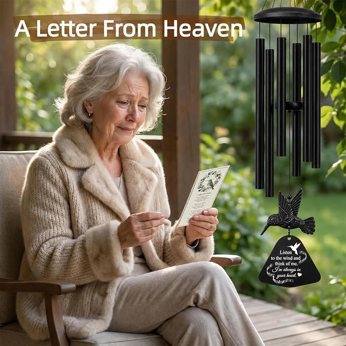 36" Memorial Wind Chimes for Outside, Sympathy Gift for Loss of Loved One, Hummingbird Wind Chime for Mom Dad, Bereavement Remembrance Funeral Condolence Gift（Black）
