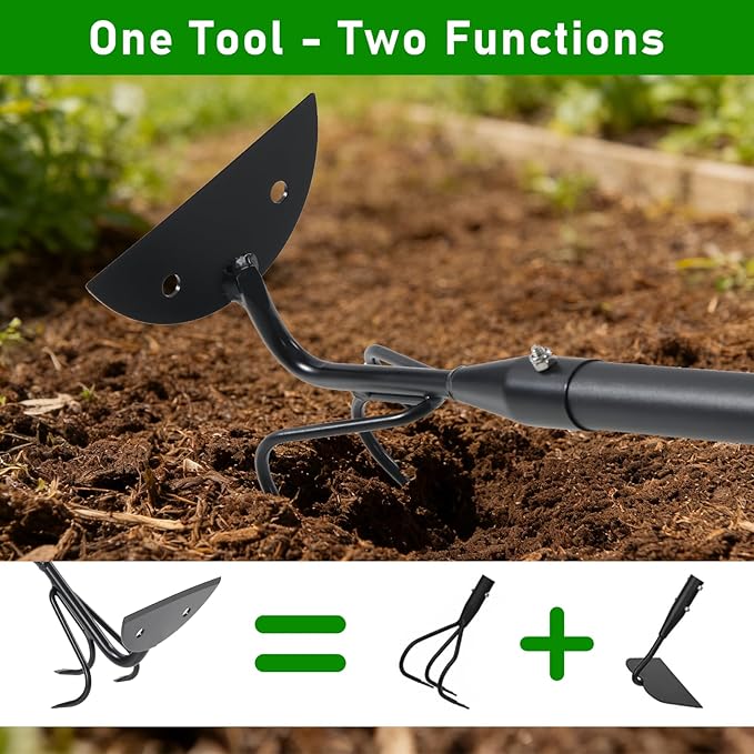 2-in-1 Garden Hoe & Cultivator Tool – Heavy Duty 3-Tine Claw Rake with Adjustable Long Handle (52”-75”), Effortless Weeding, Soil Loosening & Planting, Ideal for Garden Beds, Yard & Backyard