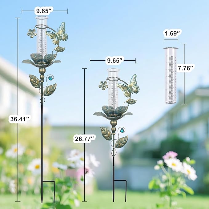 shumi Rain Gauge Outdoor Butterfly, Upgraded Glass Rain Gauge Outdoors Best Rated, Freeze Proof Adjustable Height Rain Gauges for Yard Garden Decor, Gardening Gifts for Women
