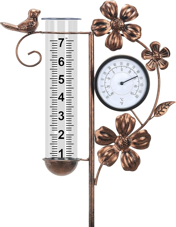 shumi Rain Gauge Outdoor with Thermometer Garden Decor, Bird and Flower Decorative Outdoor Rain Gauges for Yard Patio Lawn, Gardening Gifts for Women