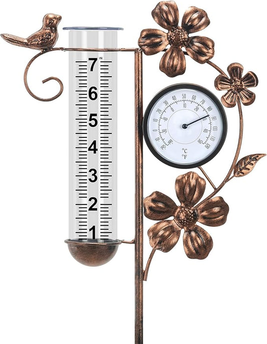 shumi Rain Gauge Outdoor with Thermometer Garden Decor, Bird and Flower Decorative Outdoor Rain Gauges for Yard Patio Lawn, Gardening Gifts for Women