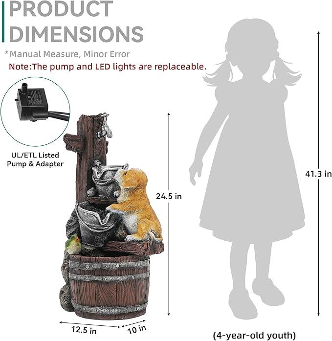 24.5" Puppy & Green Bird Outdoor Fountain, 3-Tier Pastoral Water Feature with LED Lights, Resin Buckets & Wooden Barrel Soothing Cascading Waterfall for Patio, Backyard, Garden