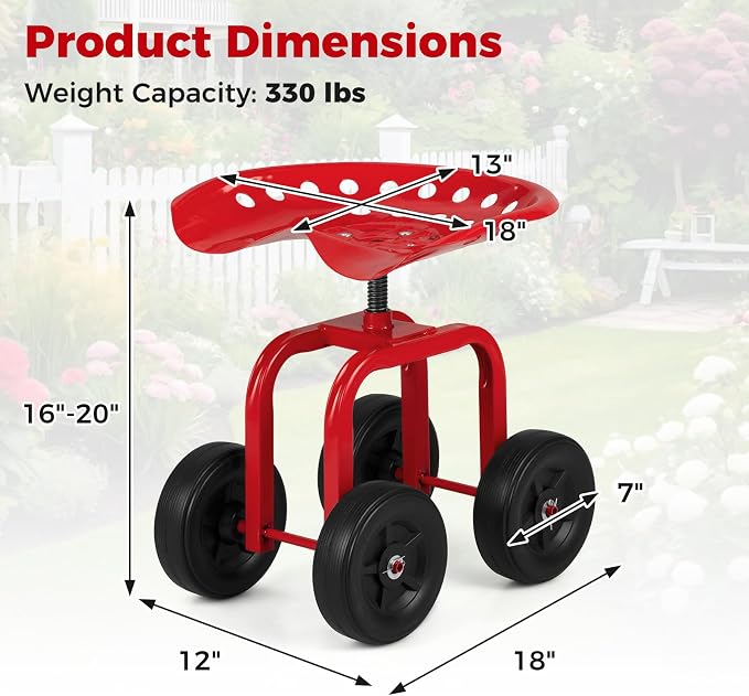 Rolling Garden Seat, Garden Cart with 360° Swivel Work Seat & Adjustable Height, Heavy Duty Garden Seat with Wheels for Lawn Yard Patio Greenhouse Planting Cleaning (Red)