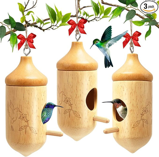 Hummingbird House, Small Hummingbird Houses for Outside, Wooden Bird House with Bow, String, Cute Gardening Gifts Home Decoration