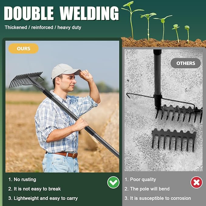 63'' Bow Rake Heavy Duty Garden Rake with Stainless Steel Handle, Tines Metal Head Rake Tool for Loosening Soil Gathering Leaf Leveling Lawn Farming Land Management Yarn Thatch Rake