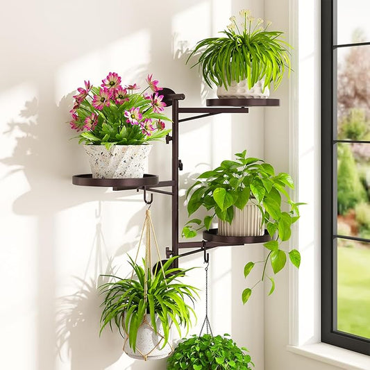 iDavosic.ly Rotating Window Plant Shelves, 3-Tier Metal Wall Stand with 2 Hooks, Flower Display Holder Rack for Living Room, Space Saving, Bronze (Pots/Chains/Plants Not Included)