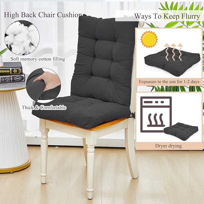 Juexica 4 Sets Outdoor Patio Chair Cushions Seat High Back Tufted Pillow Replacement Rocking Chair Cushions Pads for Patio Summer Seasonal Indoor Home Office (20 x 20 Inch,Dark Gray)