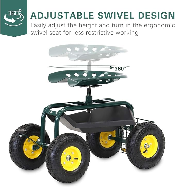 Garden Cart Rolling Work Seat Patio Wagon Scooter for Planting with Utility Tool Tray and Basket, Green