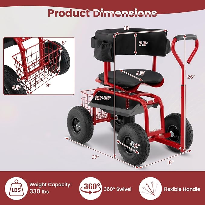 IRONMAX Garden Cart with Seat, Gardening Rolling Stool Scooter with All-Terrain Wheels, Adjustable Steering Handle & Removable Cushion for Planting, Outdoor Gardening Work Seat for Patio, Yard (Red)