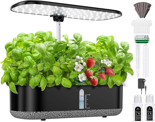 Hydroponics Growing System with LED Grow Light, 14 Pods Indoor Herb Garden Full Spectrum Rotatable Light Panel, Auto On Off Timing 12 14 16Hrs, 5L Water Tank, Harvest Fresh Basil Tomato (Black)