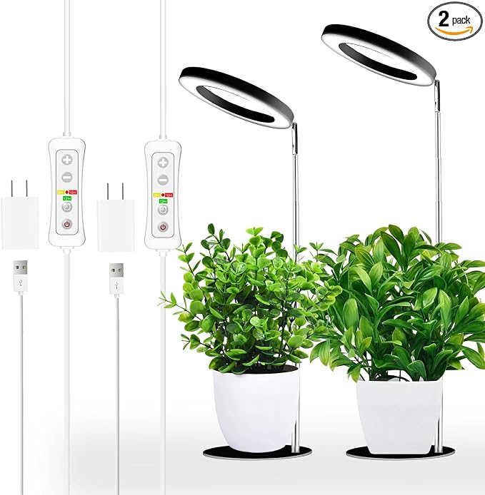 yadoker 144 LEDs Full Spectrum Plant Grow Light for Indoor Plants,Height Adjustable, 6.3" Aluminum Housing,Automatic Timer with 8/12/16 Hours,10-Level Brightness,Black Plant Light with Base,2 Pack