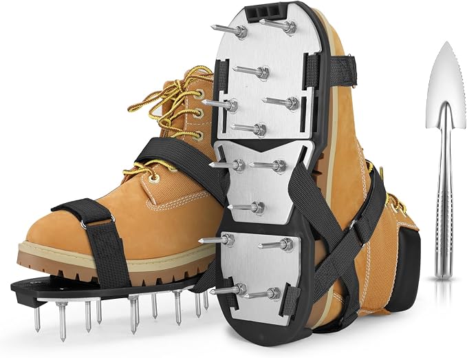 MOFEEZ Lawn Aerator Shoes for Grass - Pre-Assembled Grass Aerator Shoes for Lawn - Soil Yard Aerator Tool for Aerating Patio Garden, Black, Small