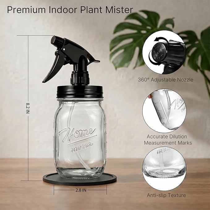 Glass Plant Mister Bottle -16 oz Vintage Style Mason Jar Fine Mist Sprayer - Refillable Leak Proof Water Spray Bottle for Plants, Gardening, Decorative with Adjustable Mist Nozzle (Clear)
