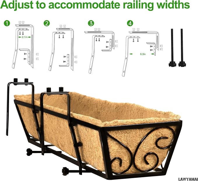 24 Inch Railing Planter Box 4 Pack, Adjustable Window Metal Box Planter with Coco Liner, Hanging Flower Planter for Balcony Deck Fence Porch Patio, Black