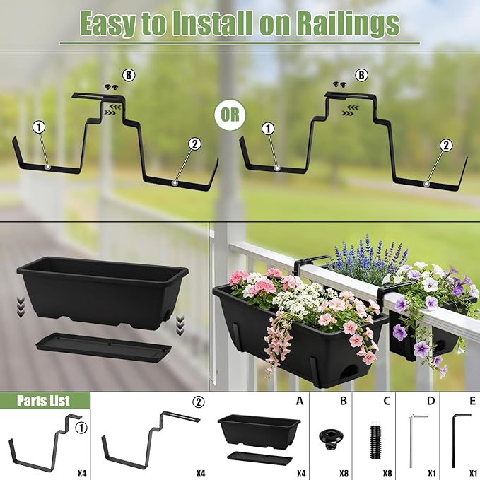 Sunexinlo 4-Pack Railing Planter Boxes with Double-Sided Adjustable Brackets, Plastic Rectangular Flower Boxes with Drainage Holes and Trays for Outdoor Balcony, Deck, Patio, Porch, Fence, Black