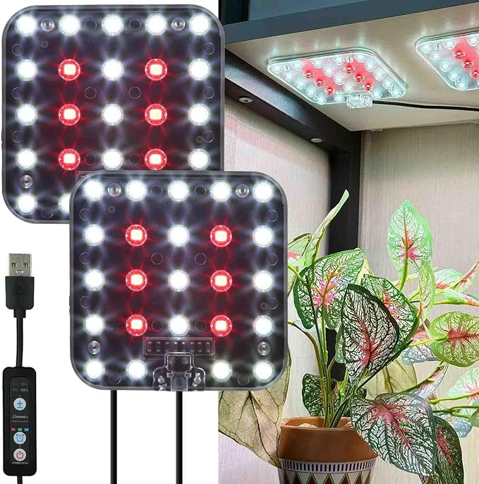 Full Spectrum LED Grow Light for Indoor Plants, 2 Panels 10W with 6/12/16h Timer Dimmable Plant Lights for Flower Veg Plant Growth USB, Natural White, 1-Pack