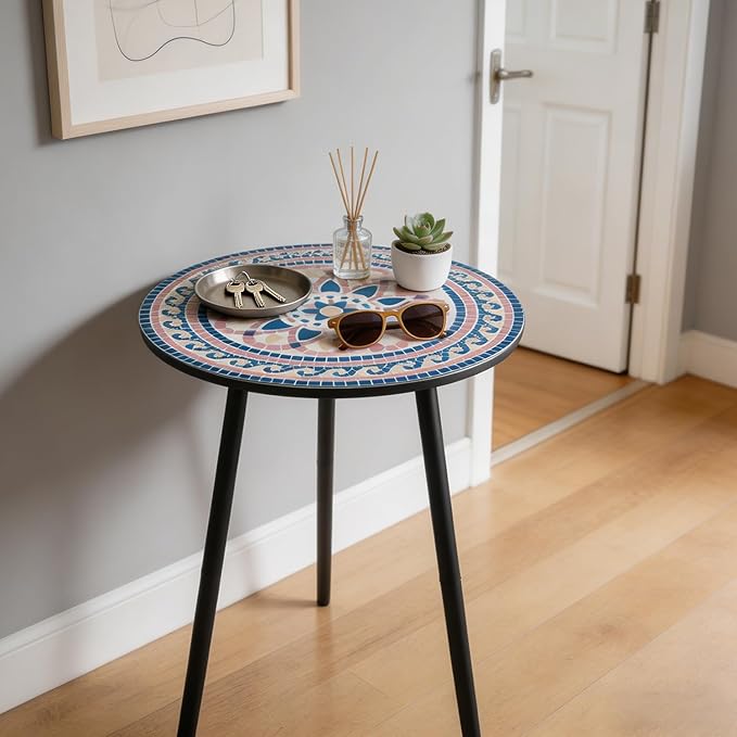 Outdoor Side Table Set of 2 Mosaic Patio Side Tables for Outside End Tables Small Outdoor Table Round Patio End Table Metal Side Table Outside, Indoor, Bedroom, Living Room, Small Spaces, Blush Mosaic