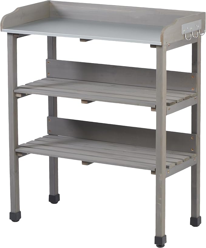 30" Outdoor Potting Bench Table with Metal Tabletop, Wooden Potting Table, 3 Tier Garden Work Bench Shelf with Hooks & Adjustable Feet for Patio Porch Balcony, Grey