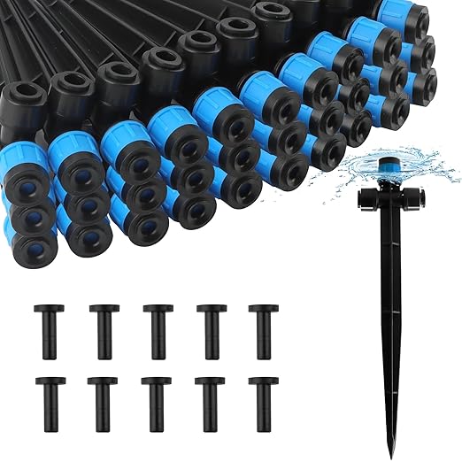 Kalolary Drip Irrigation Emitters, 30pcs Adjustable 360 Degree Water Flow Emitters for 1/4" Tubing, Two-Way Connection Irrigation Drippers for Garden, Lawn, and Greenhouse Watering Systems(Blue)
