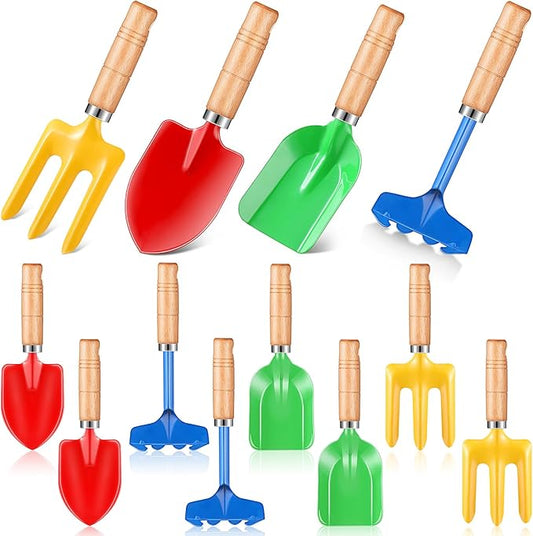 12 Pcs 8" Kids Gardening Tools, Metal Beach Sandbox Digging Toys with Wooden Handle, Including Shovel, Rake, Fork and Trowel, Garden Sand Snow Tools for Children Gift Outdoor Gardening